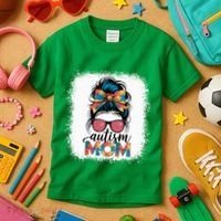 Autism Awareness Messy Bun Autism Mom Coquette Bow Puzzle Kids T-Shirt thumb 3