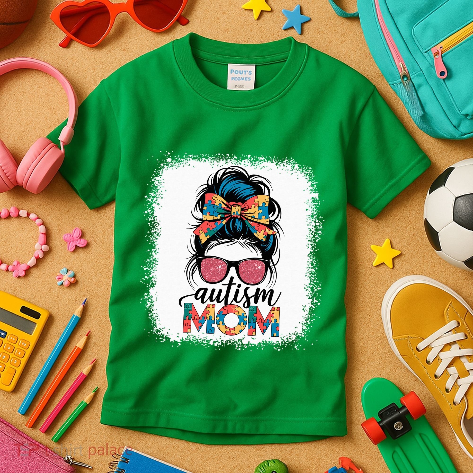 Autism Awareness Messy Bun Autism Mom Coquette Bow Puzzle Kids T-Shirt