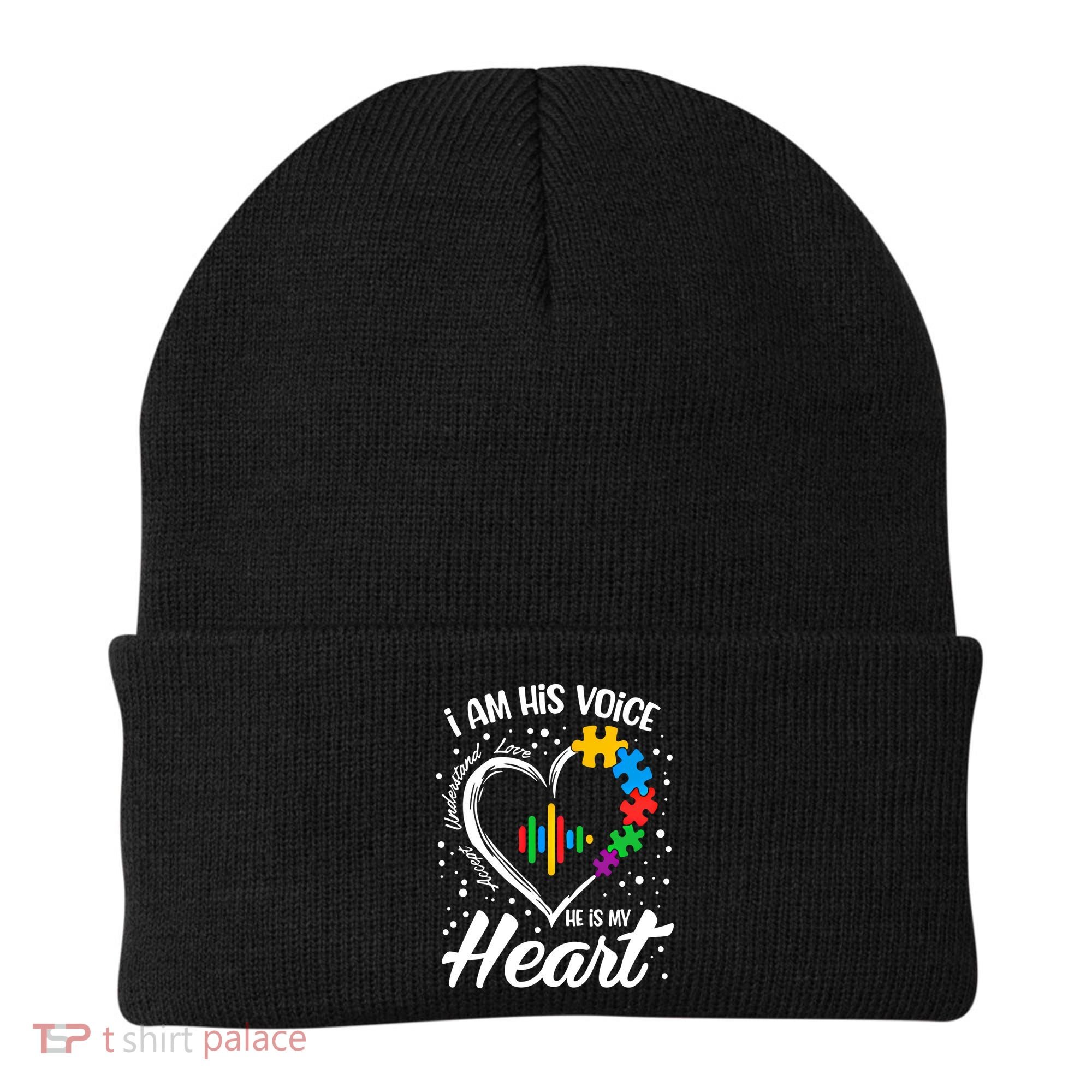 Autism Awareness Mom Meaningful Gift I Am His Voice He Is My Heart Gift Beanie