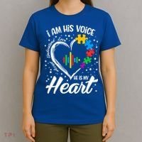 Autism Awareness Mom Meaningful Gift I Am His Voice He Is My Heart Gift T-Shirt thumb 4