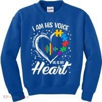 Autism Awareness Mom Meaningful Gift I Am His Voice He Is My Heart Gift Kids Sweatshirt thumb 0