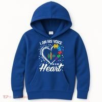 Autism Awareness Mom Meaningful Gift I Am His Voice He Is My Heart Gift Kids Hoodie thumb 0
