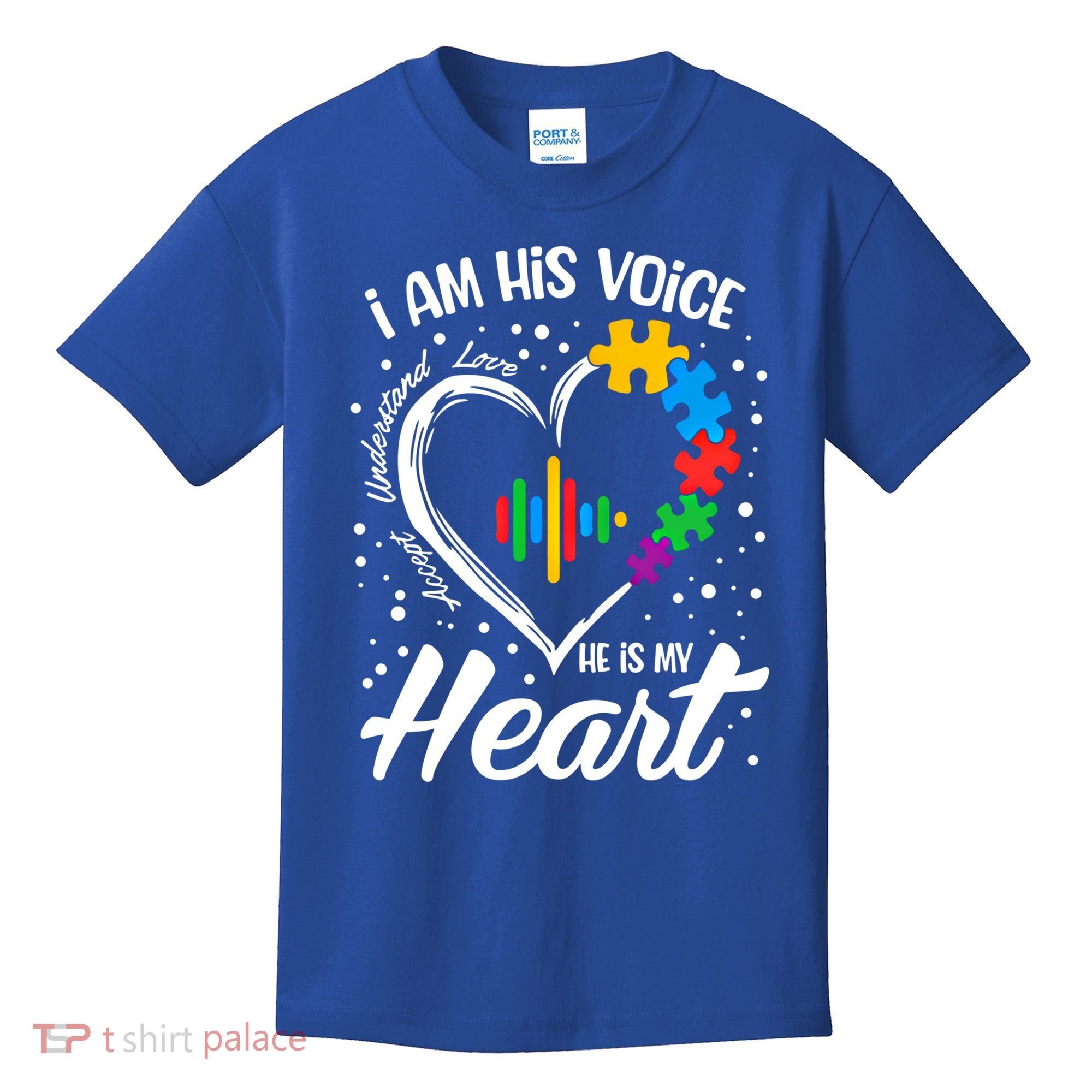Autism Awareness Mom Meaningful Gift I Am His Voice He Is My Heart Gift Kids T-Shirt