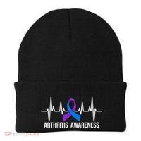 Arthritis Awareness Month Purple And Blue Ribbon Heartbeat Great Gift Beanie thumb 0
