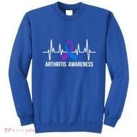 Arthritis Awareness Month Purple And Blue Ribbon Heartbeat Great Gift Sweatshirt thumb 0