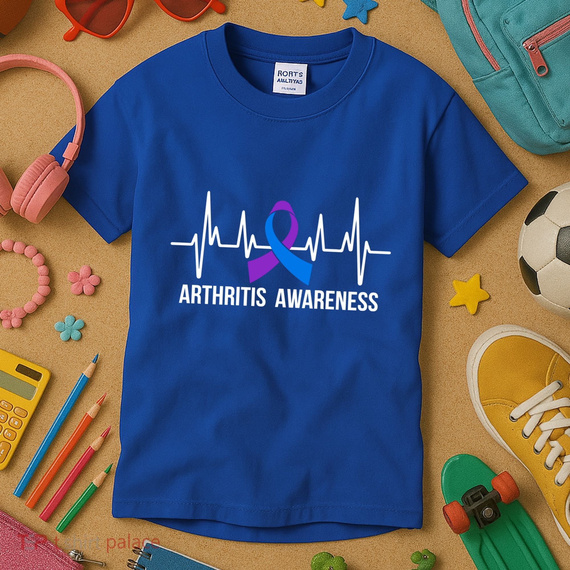 Arthritis Awareness Month Purple And Blue Ribbon Heartbeat Great Gift Kids T-Shirt