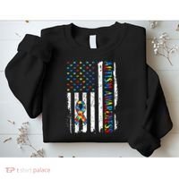 Autism Awareness Mom Dad USA flag Autistic Awareness Autism Sweatshirt thumb 2