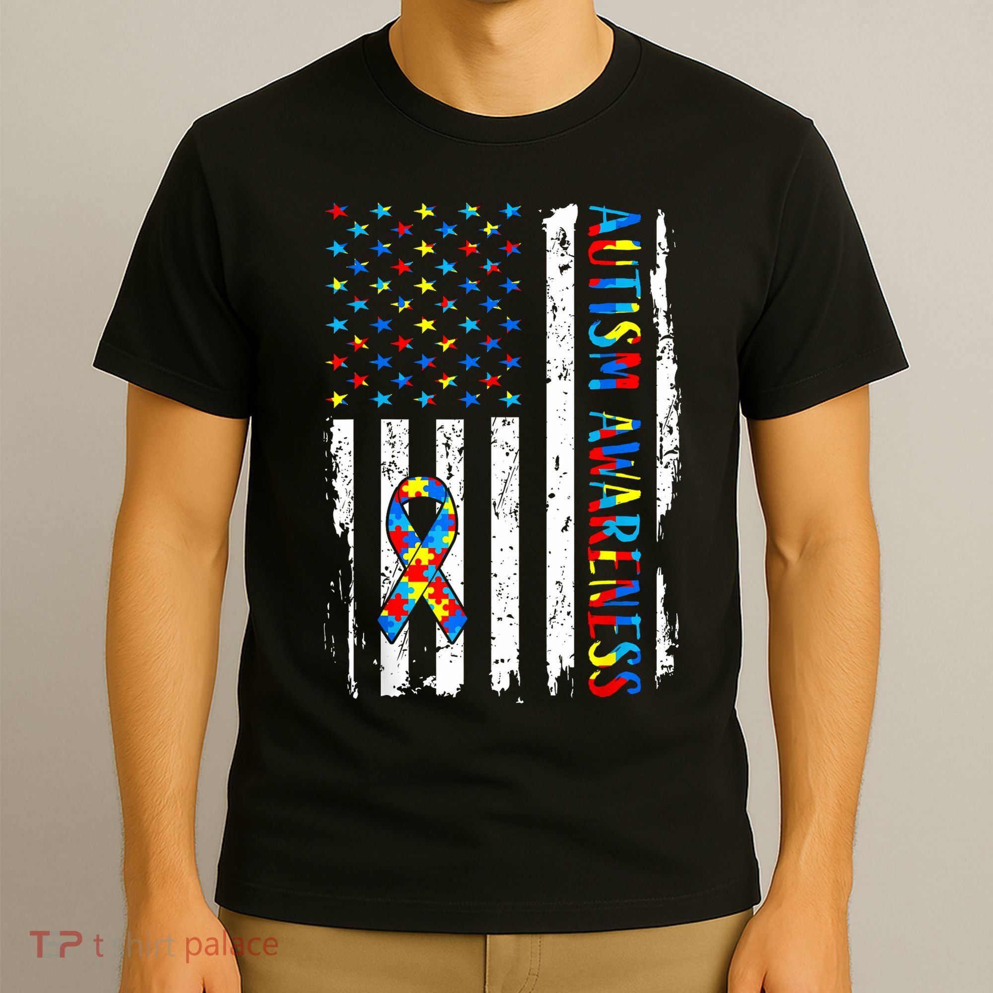 Autism Awareness Mom Dad USA flag Autistic Awareness Autism T-Shirt