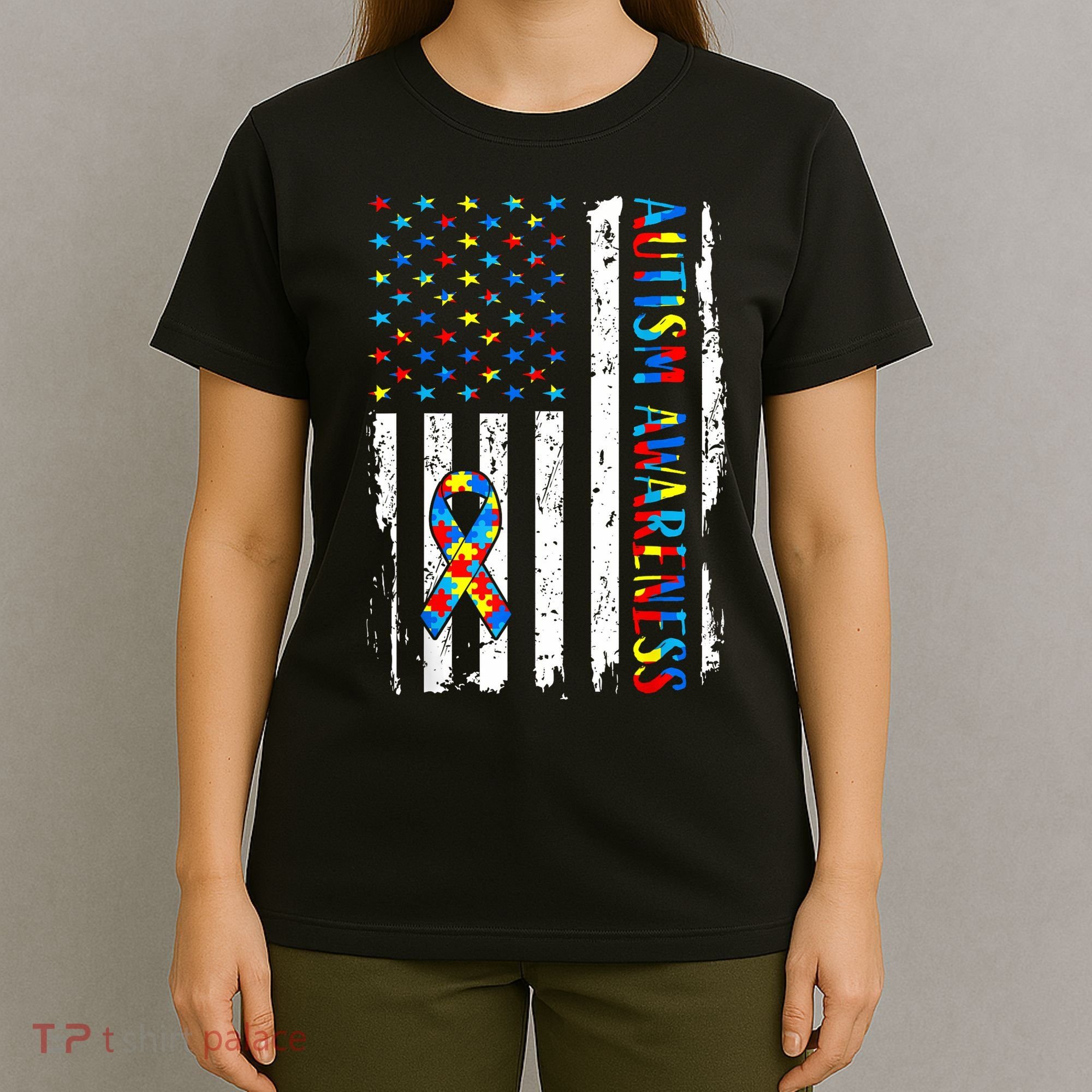 Autism Awareness Mom Dad USA flag Autistic Awareness Autism T-Shirt