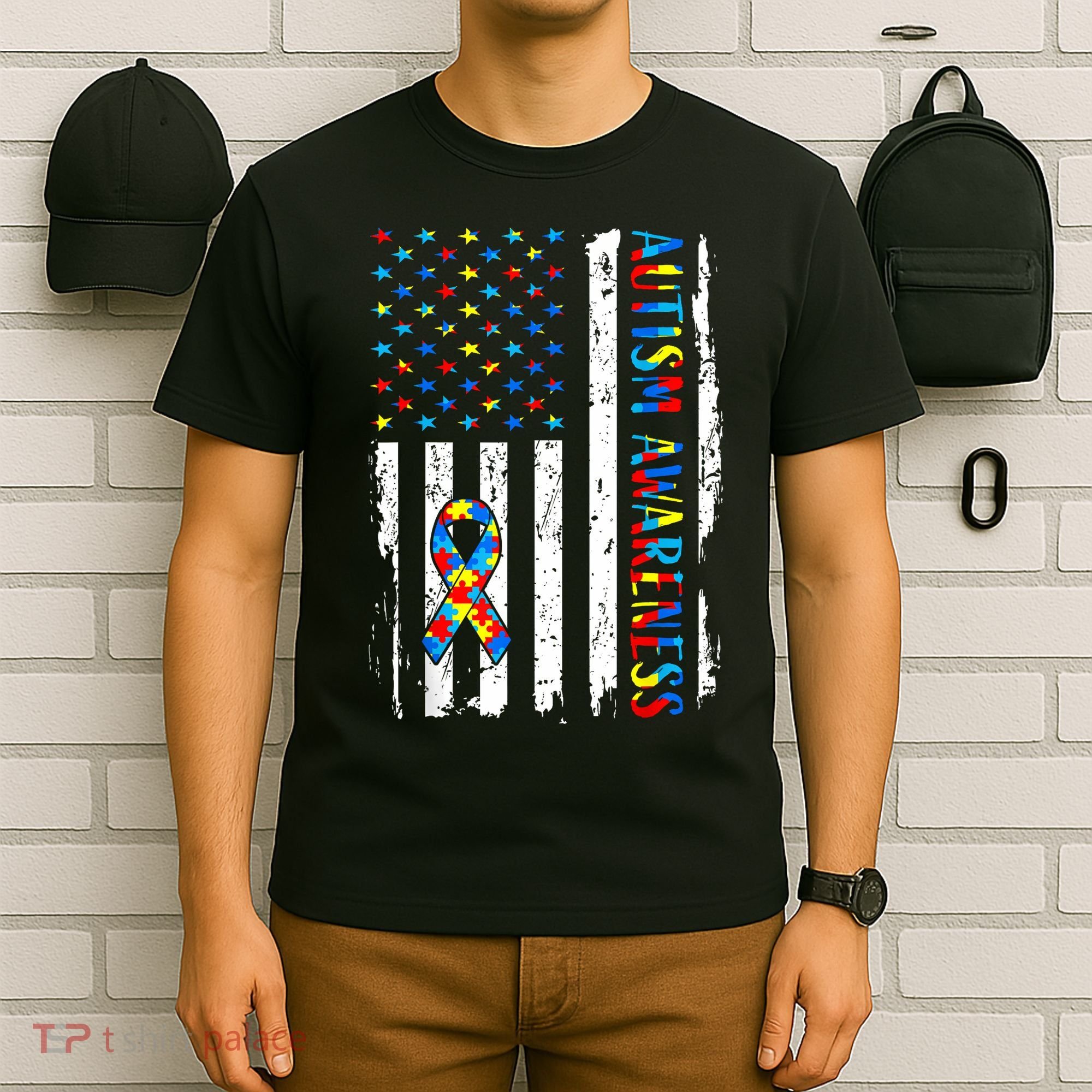 Autism Awareness Mom Dad USA flag Autistic Awareness Autism T-Shirt