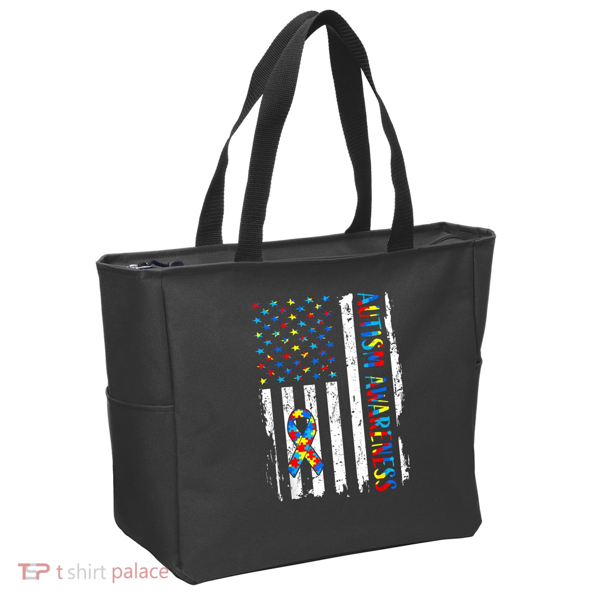 Autism Awareness Mom Dad USA flag Autistic Awareness Autism Tote Bag
