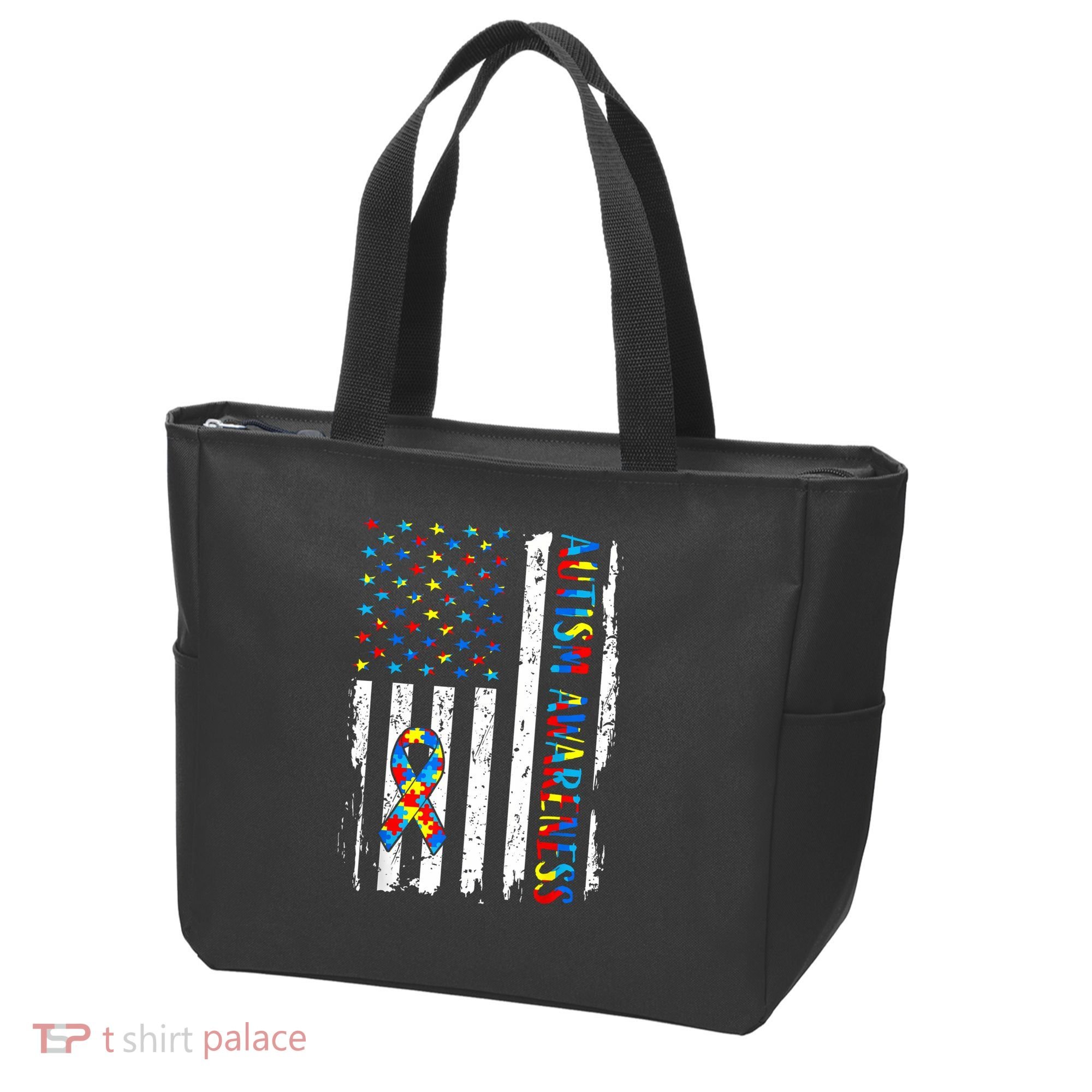 Autism Awareness Mom Dad USA flag Autistic Awareness Autism Tote Bag