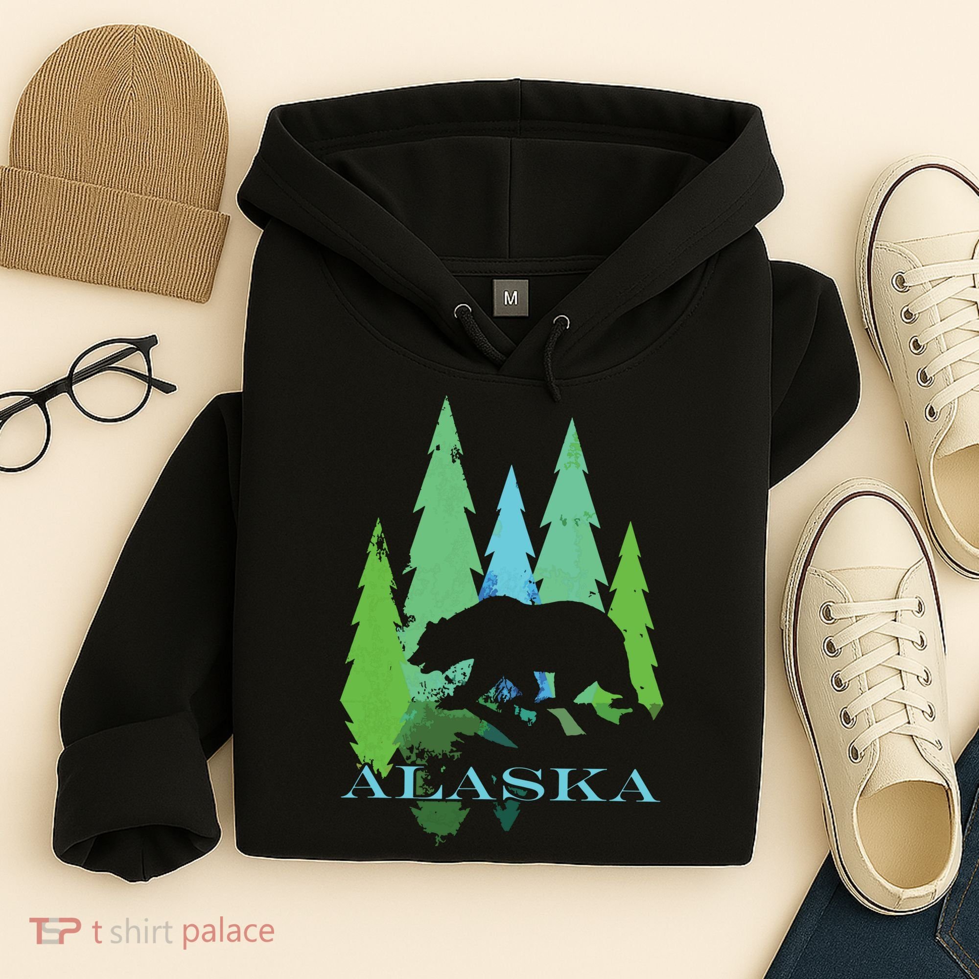 Alaska Alaskan Northern Light Trees With Bear Hoodie