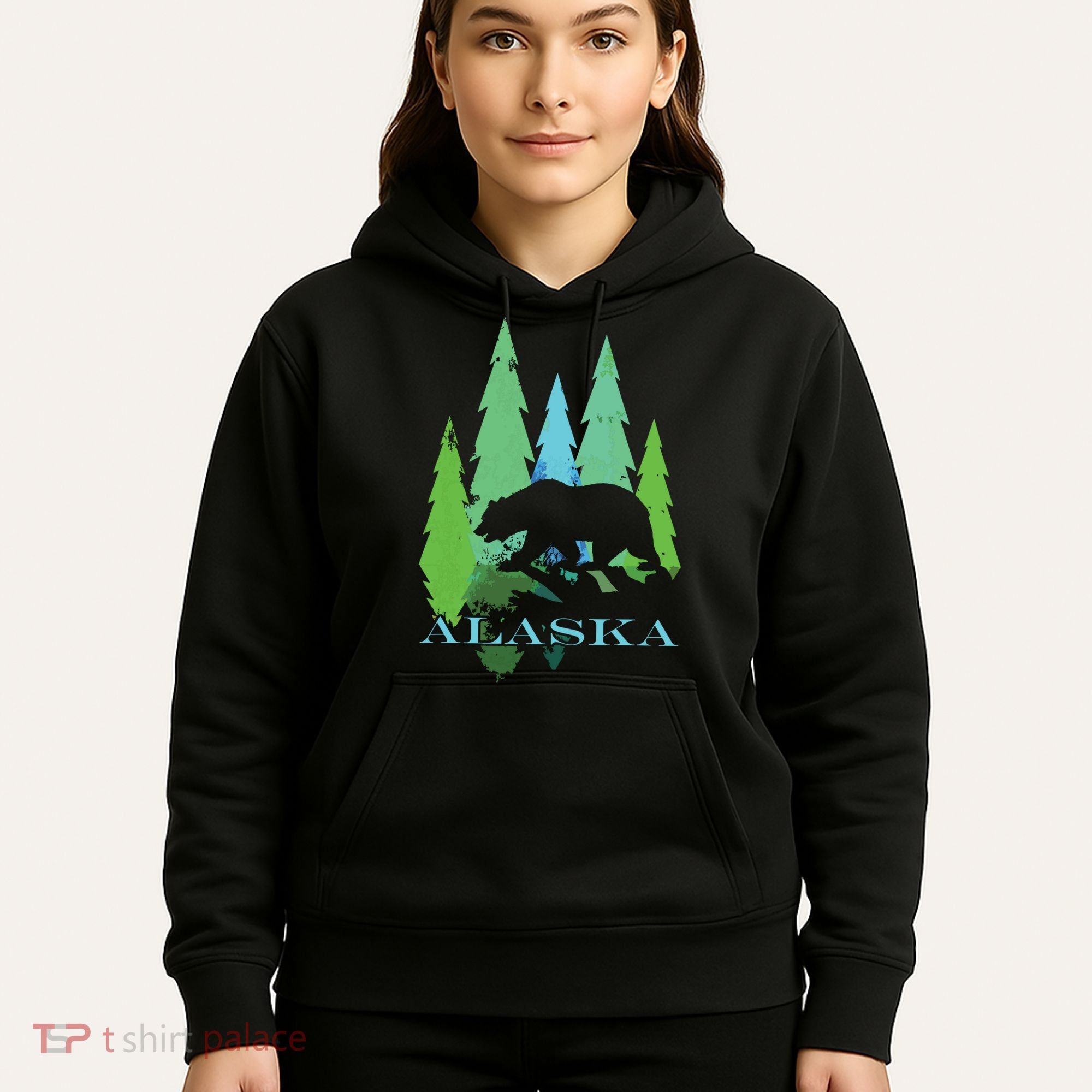Alaska Alaskan Northern Light Trees With Bear Hoodie
