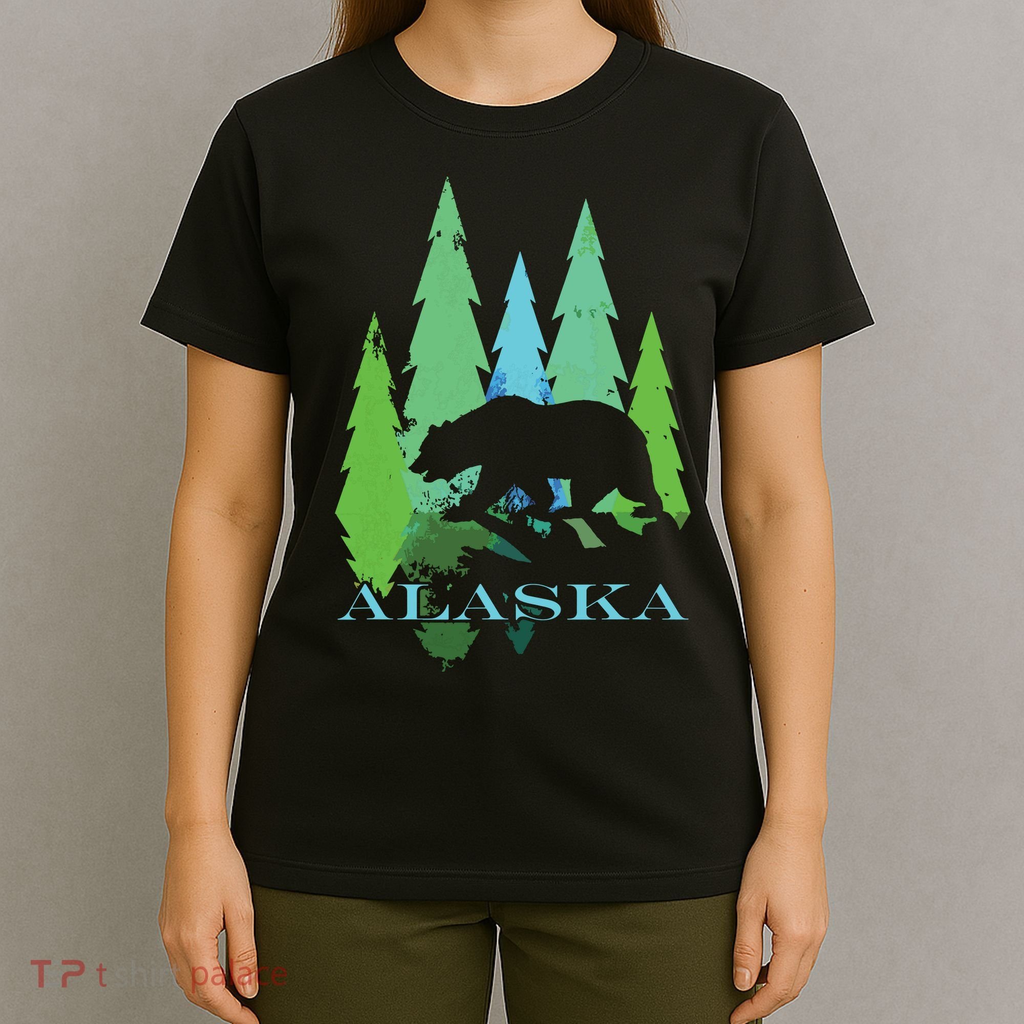 Alaska Alaskan Northern Light Trees With Bear T-Shirt