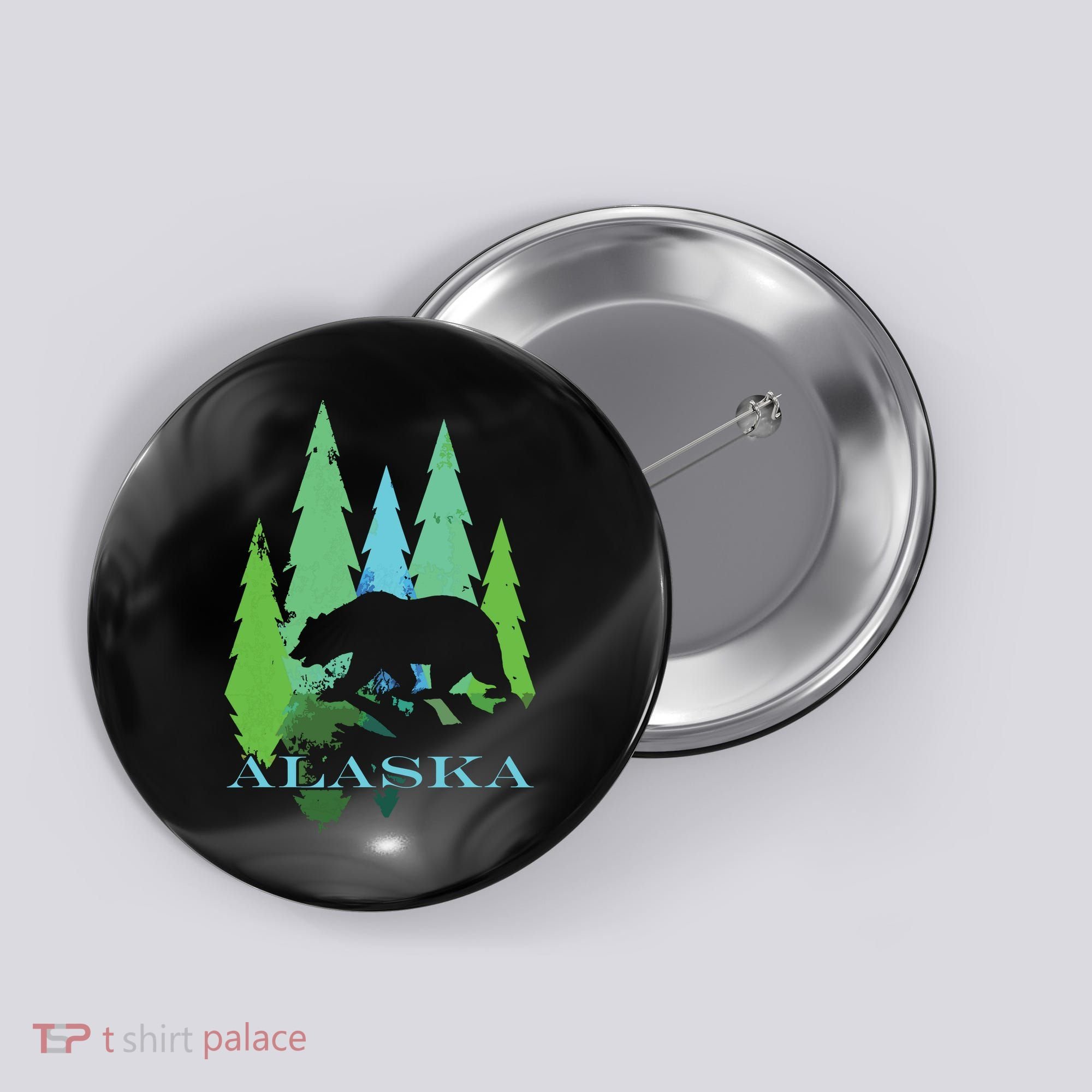 Alaska Alaskan Northern Light Trees With Bear Button