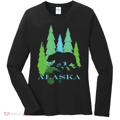 Alaska Alaskan Northern Light Trees With Bear Women's Long Sleeve Shirt