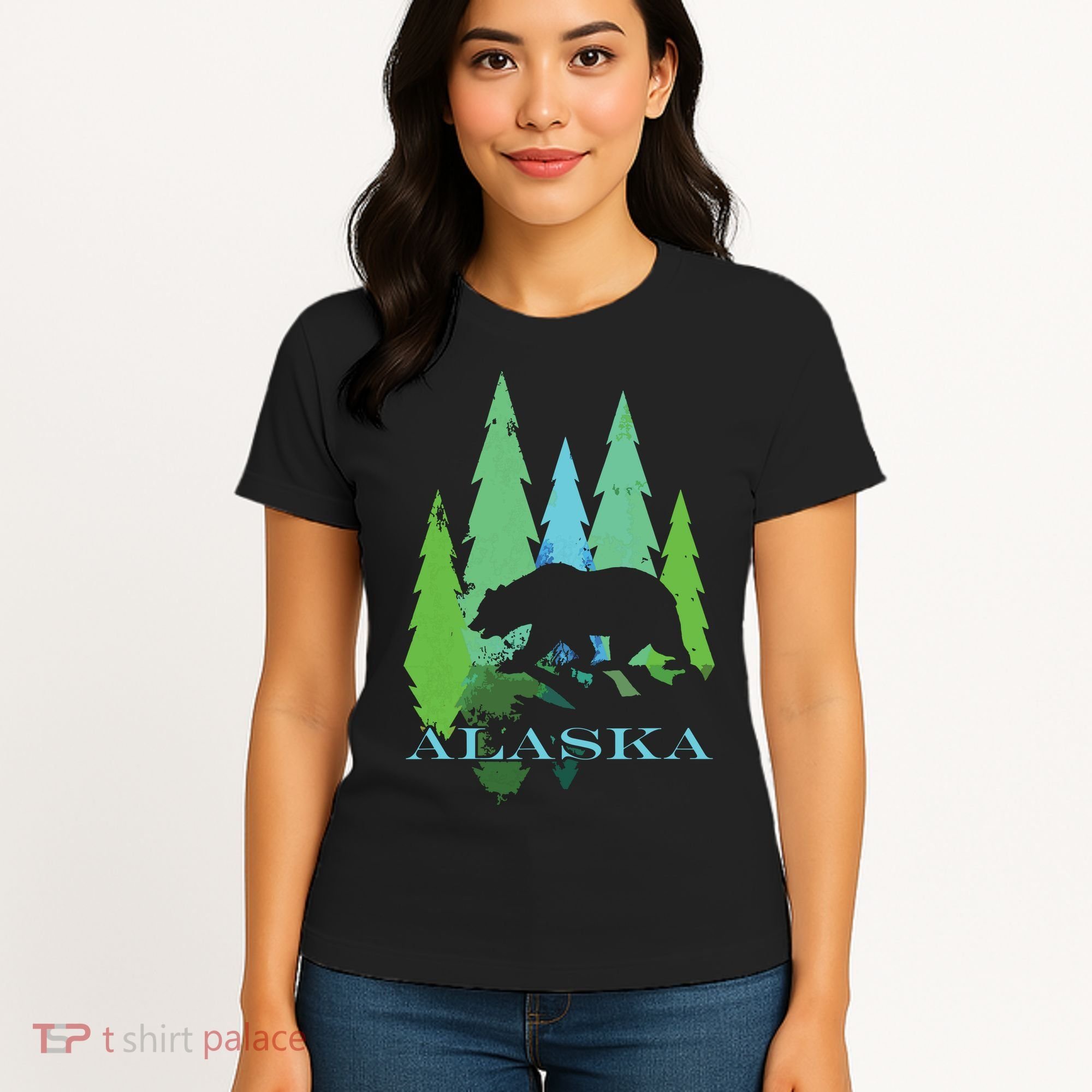 Alaska Alaskan Northern Light Trees With Bear Women's T-Shirt