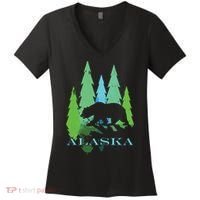 Alaska Alaskan Northern Light Trees With Bear Women's V-Neck T-Shirt thumb 0