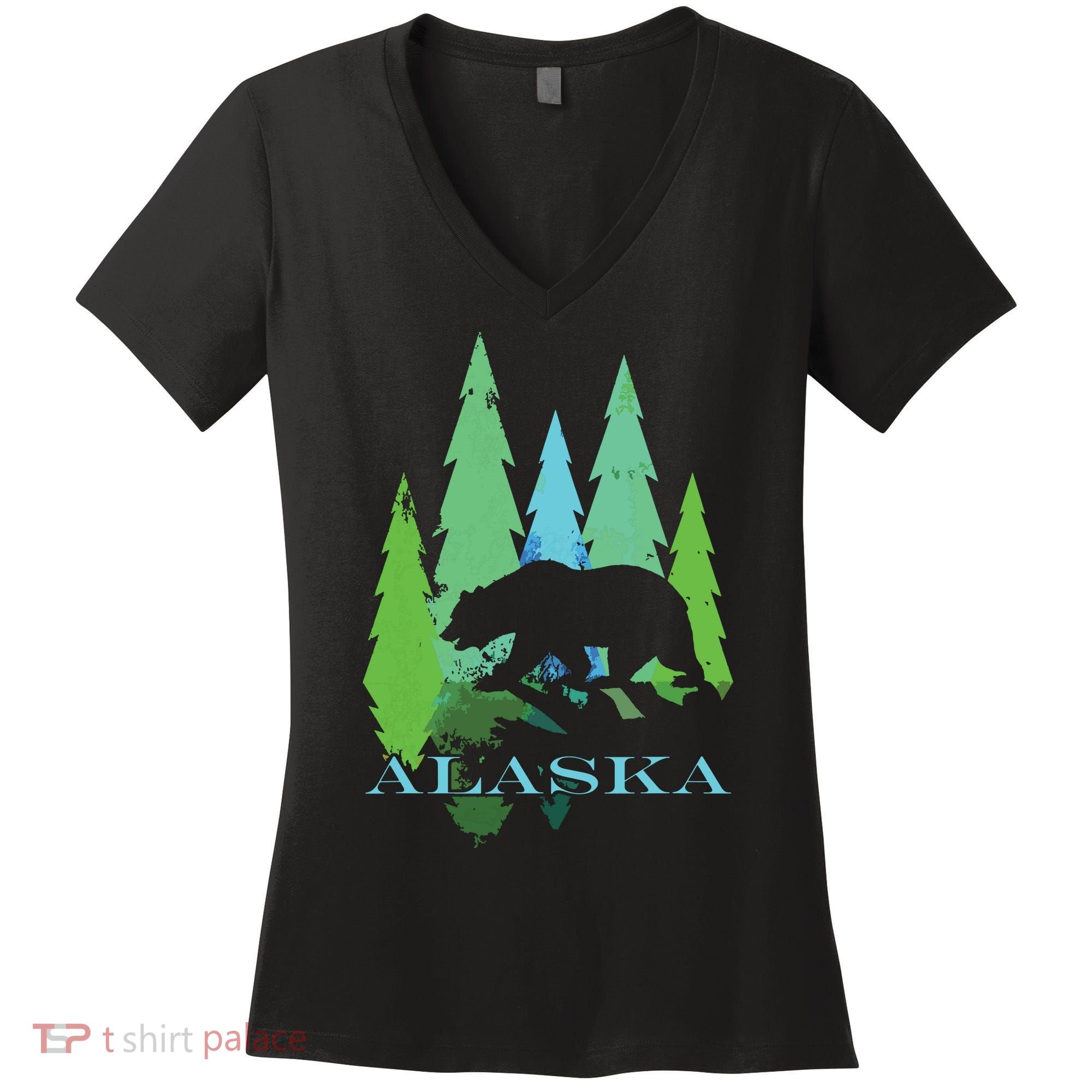 Alaska Alaskan Northern Light Trees With Bear Women's V-Neck T-Shirt