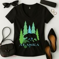 Alaska Alaskan Northern Light Trees With Bear Women's V-Neck T-Shirt thumb 2