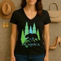 Alaska Alaskan Northern Light Trees With Bear Women's V-Neck T-Shirt thumb 3