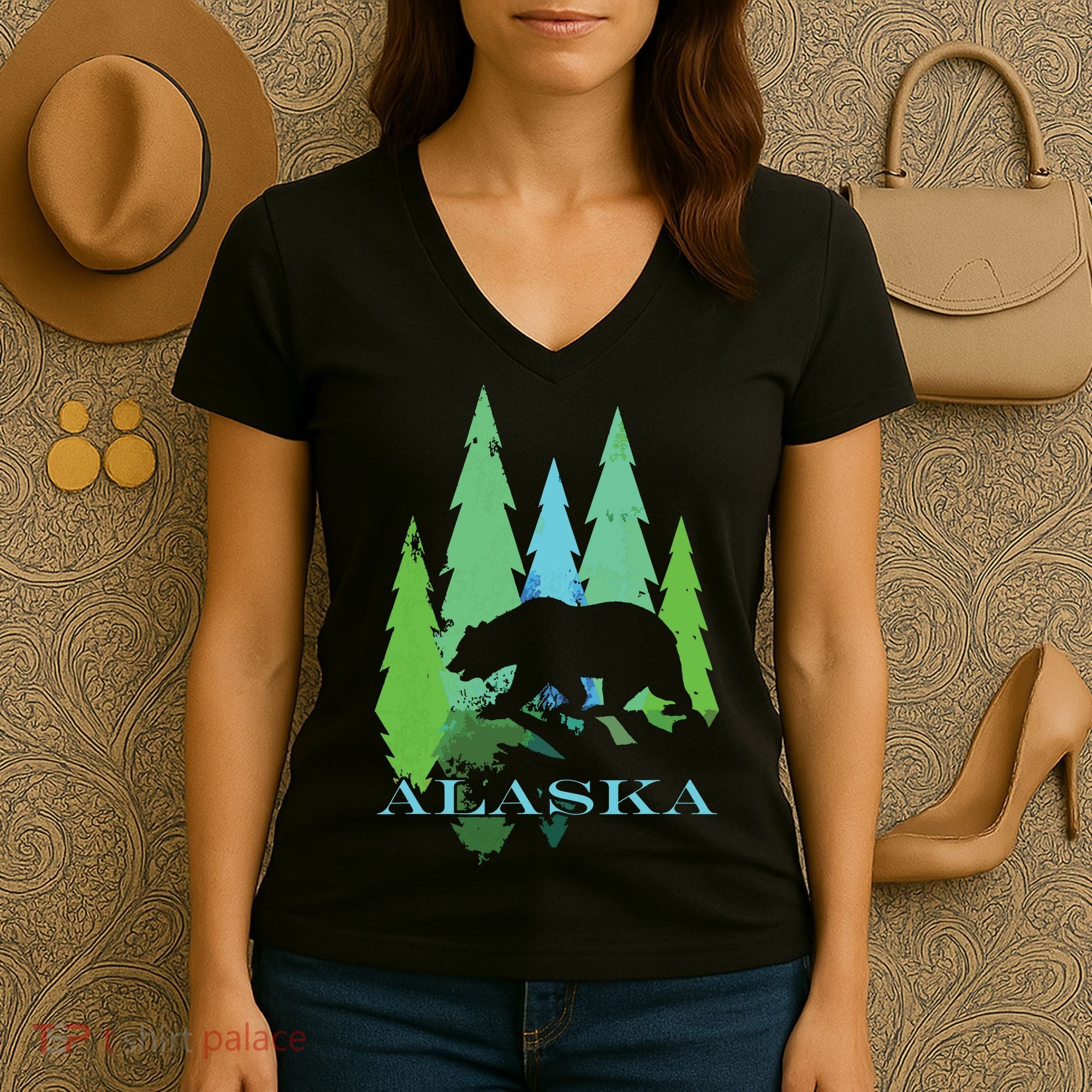 Alaska Alaskan Northern Light Trees With Bear Women's V-Neck T-Shirt
