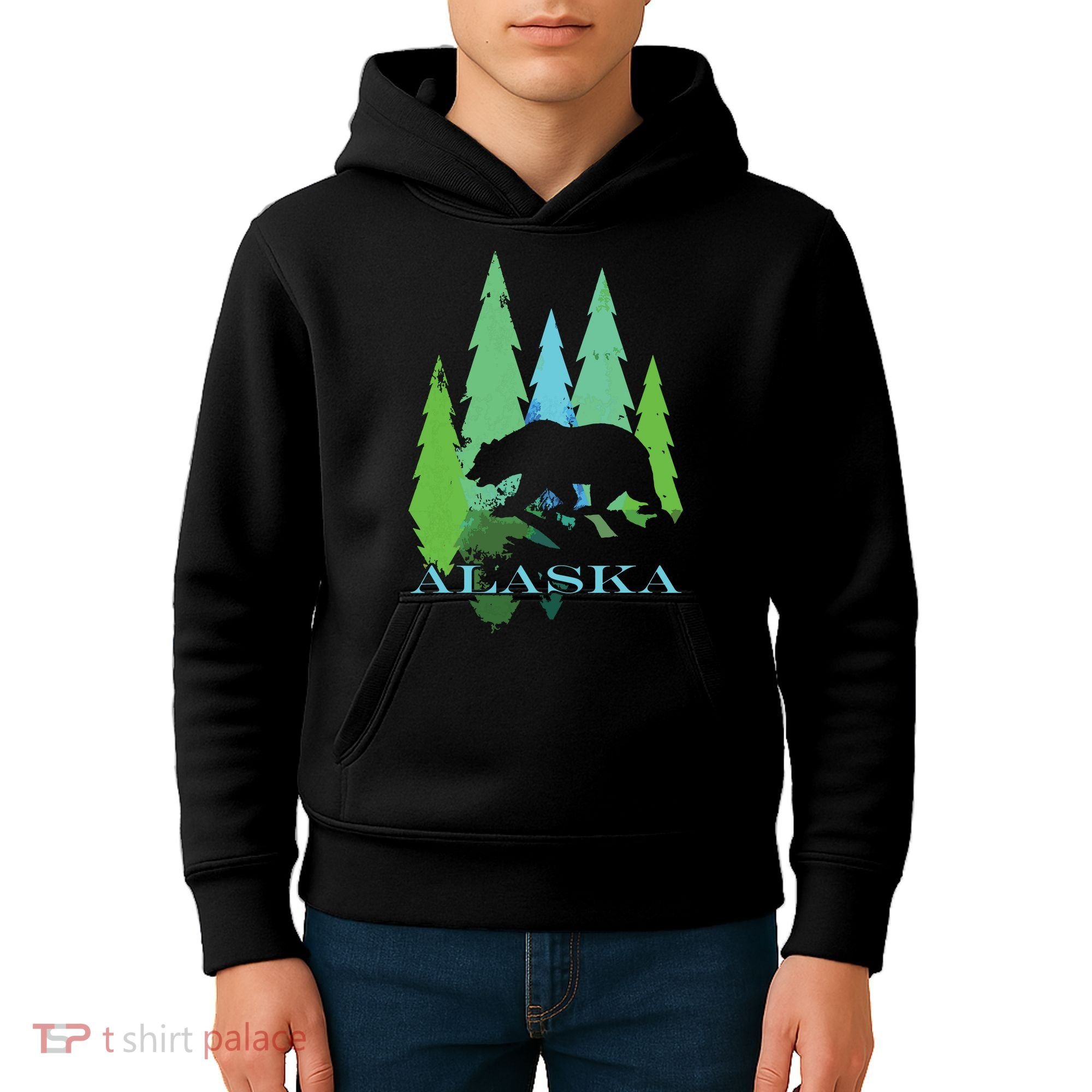 Alaska Alaskan Northern Light Trees With Bear Kids Hoodie