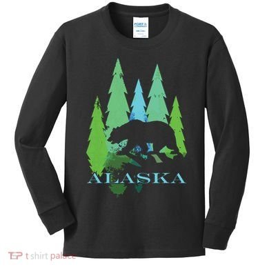 Alaska Alaskan Northern Light Trees With Bear Kids Long Sleeve Shirt