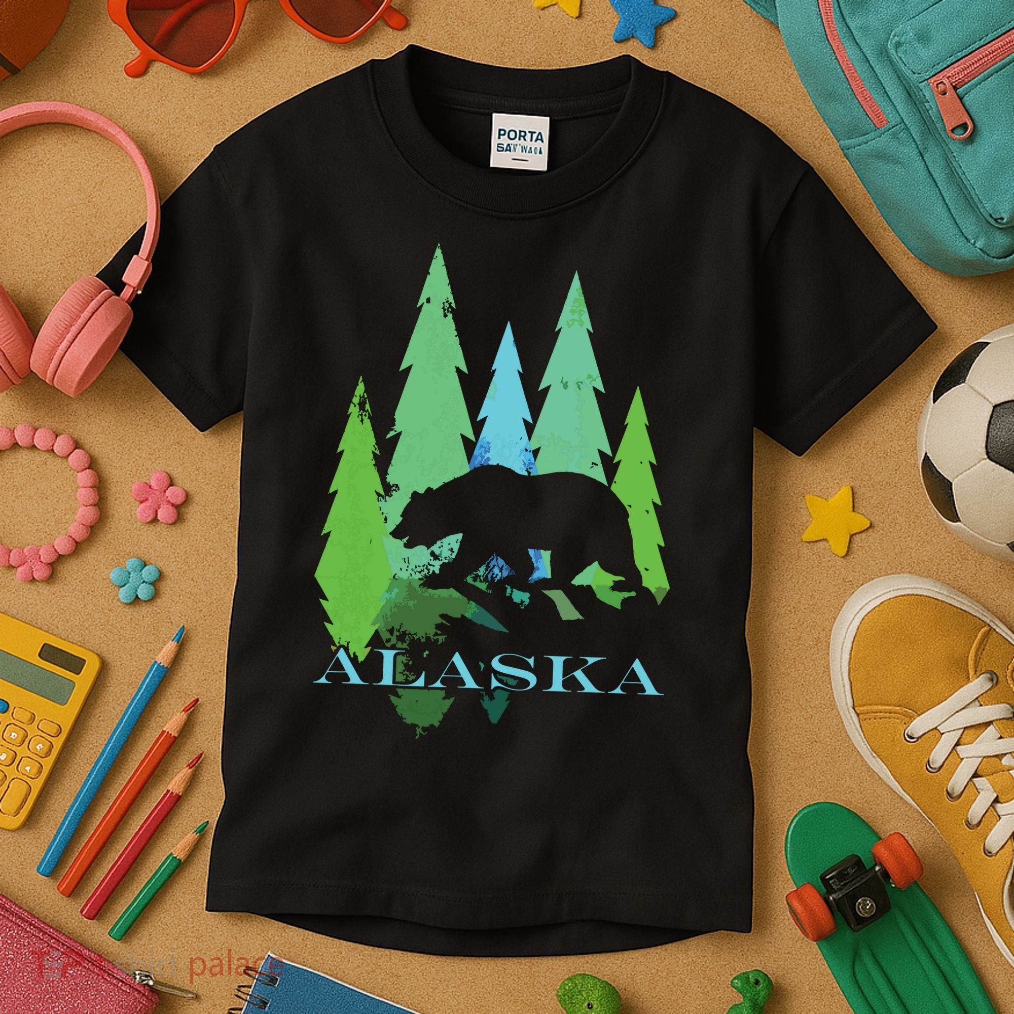 Alaska Alaskan Northern Light Trees With Bear Kids T-Shirt