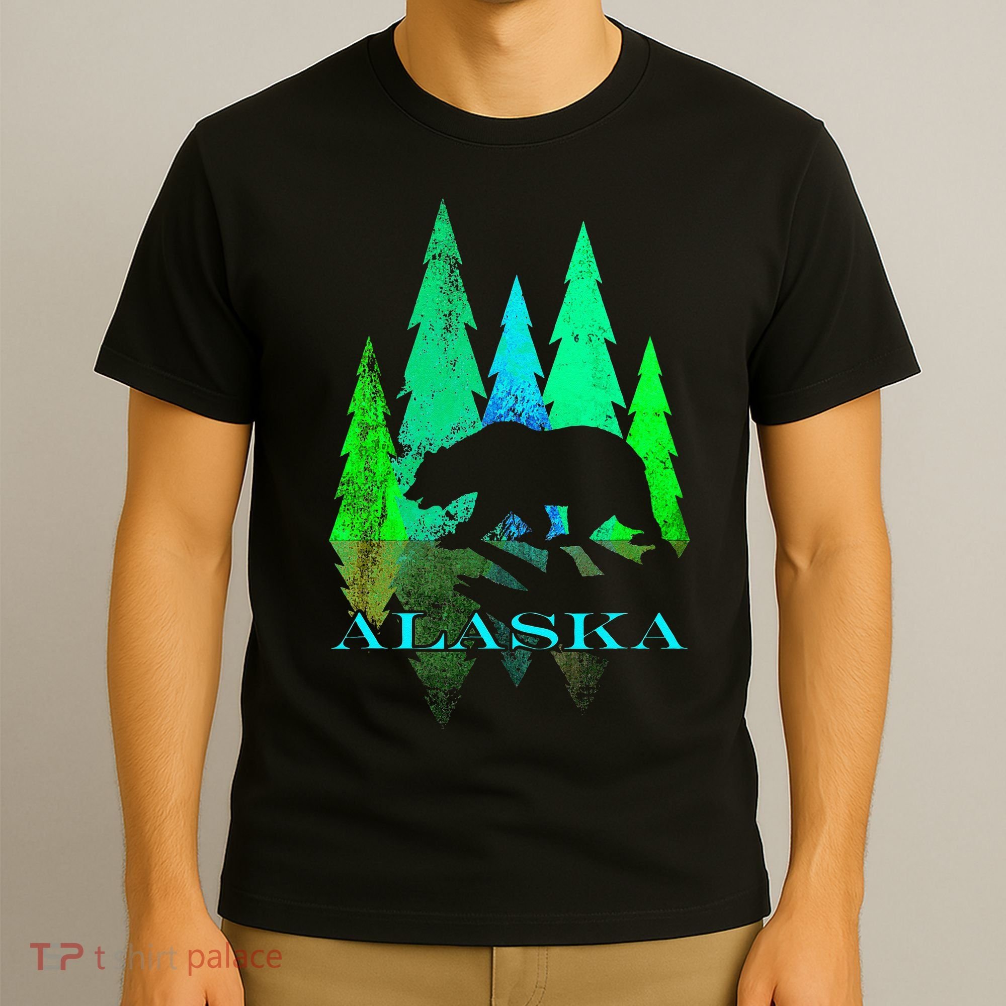 Alaska Alaskan Northern Light Trees With Bear T-Shirt