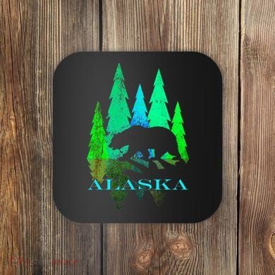 Alaska Alaskan Northern Light Trees With Bear Coaster