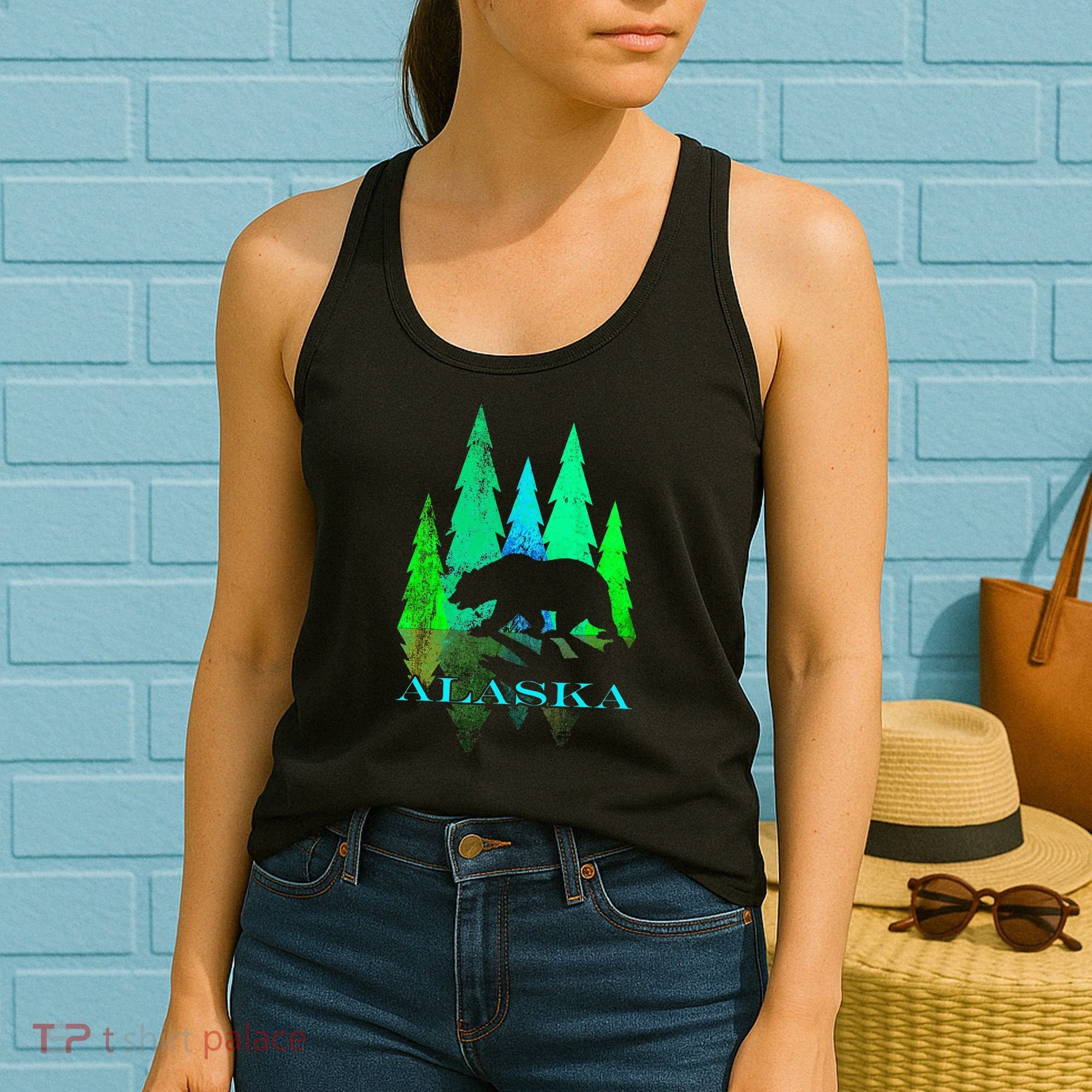 Alaska Alaskan Northern Light Trees With Bear Women's Tank Top