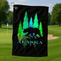 Alaska Alaskan Northern Light Trees With Bear Golf Towel thumb 1