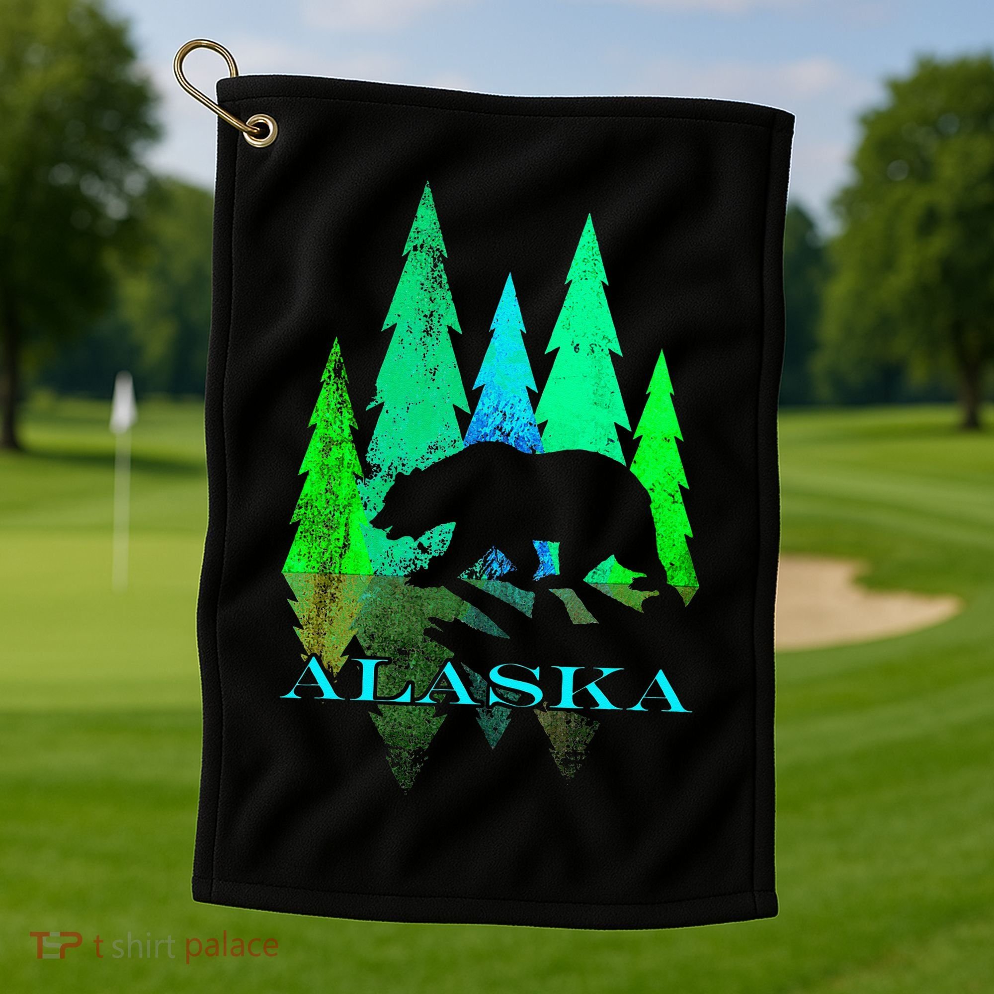 Alaska Alaskan Northern Light Trees With Bear Golf Towel