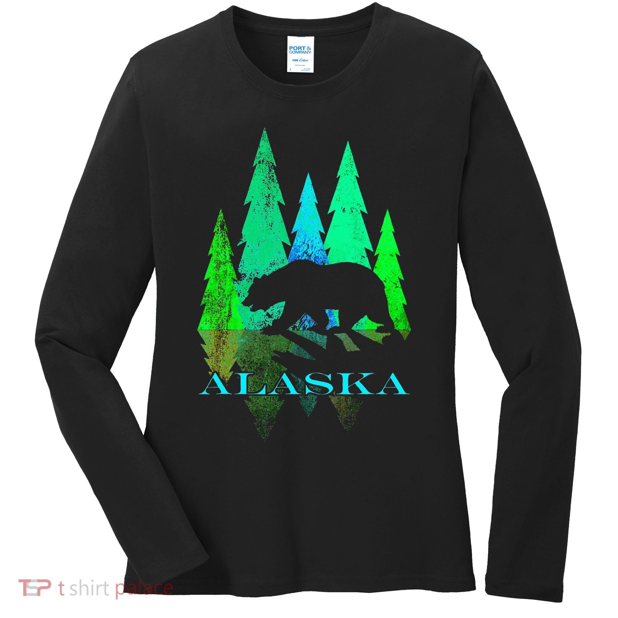 Alaska Alaskan Northern Light Trees With Bear Women's Long Sleeve Shirt