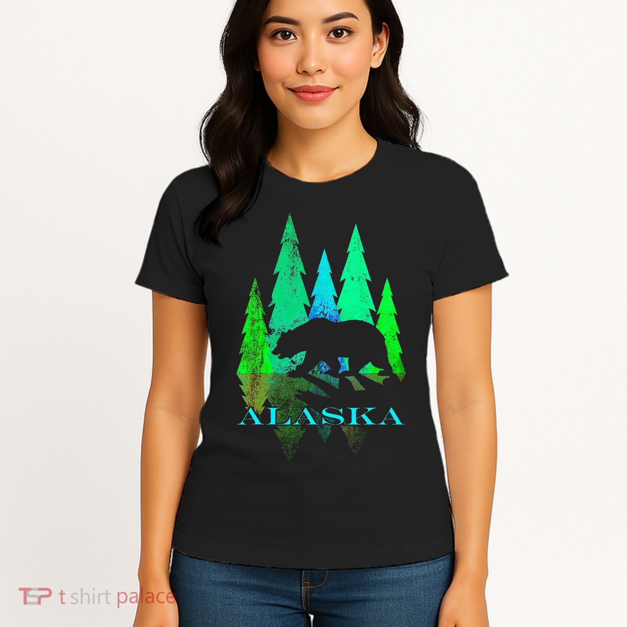 Alaska Alaskan Northern Light Trees With Bear Women's T-Shirt