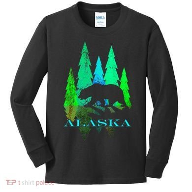 Alaska Alaskan Northern Light Trees With Bear Kids Long Sleeve Shirt