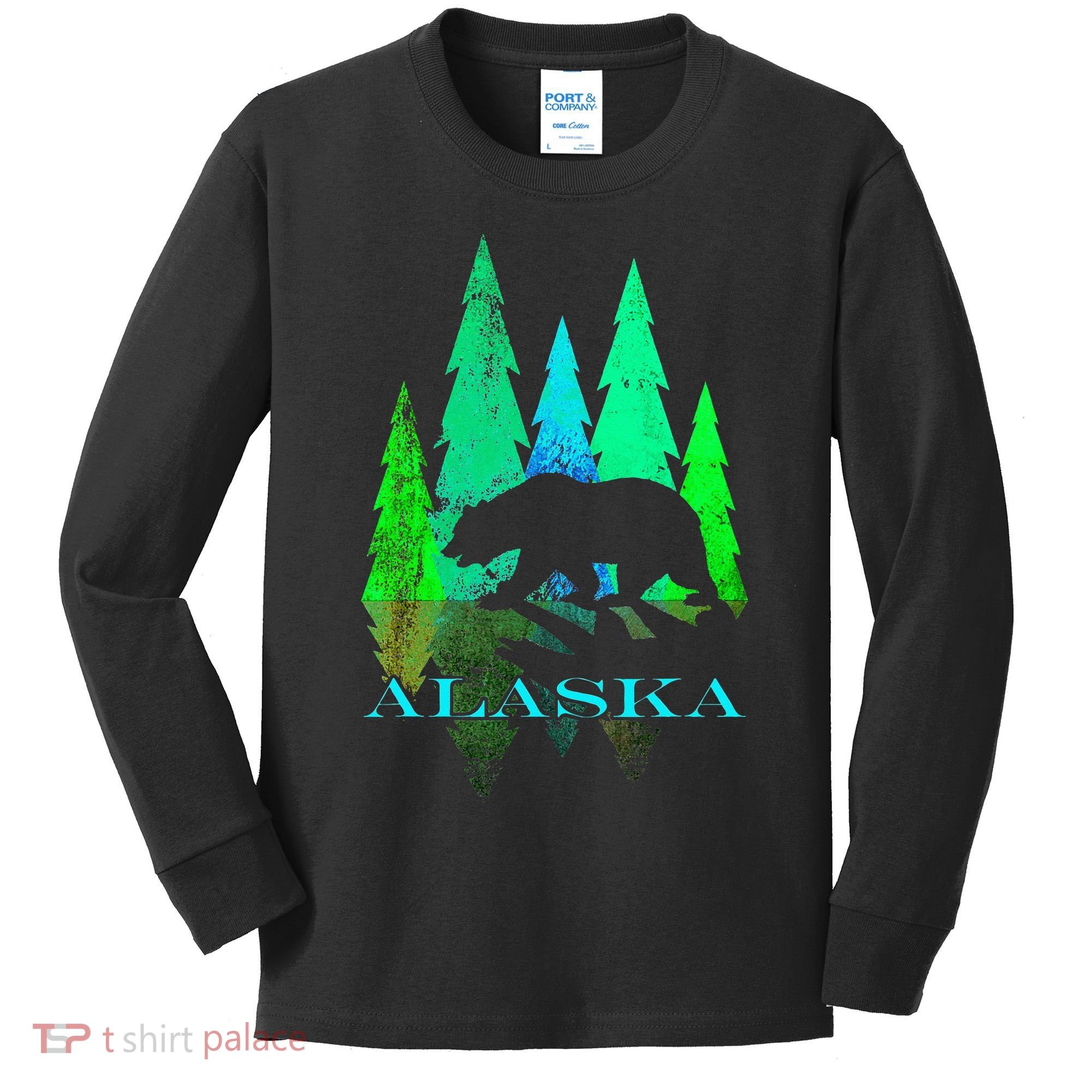 Alaska Alaskan Northern Light Trees With Bear Kids Long Sleeve Shirt