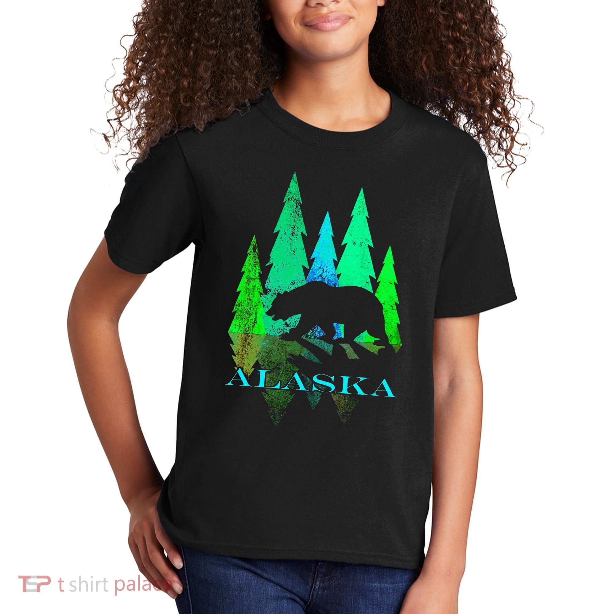 Alaska Alaskan Northern Light Trees With Bear Kids T-Shirt