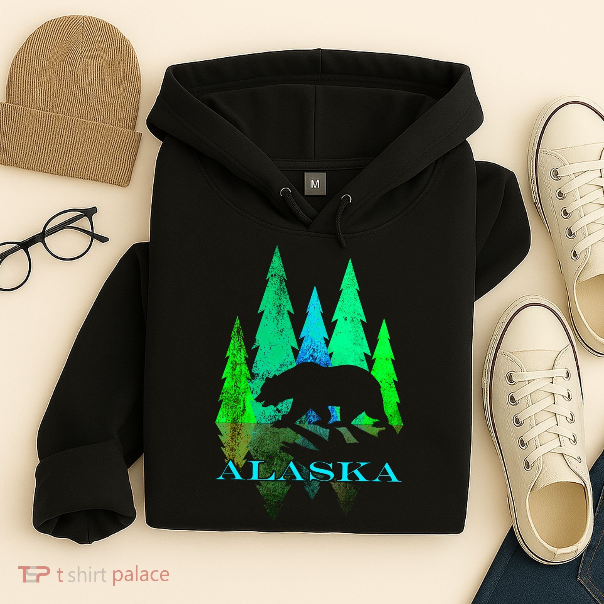 Alaska Alaskan Northern Light Trees With Bear Hoodie
