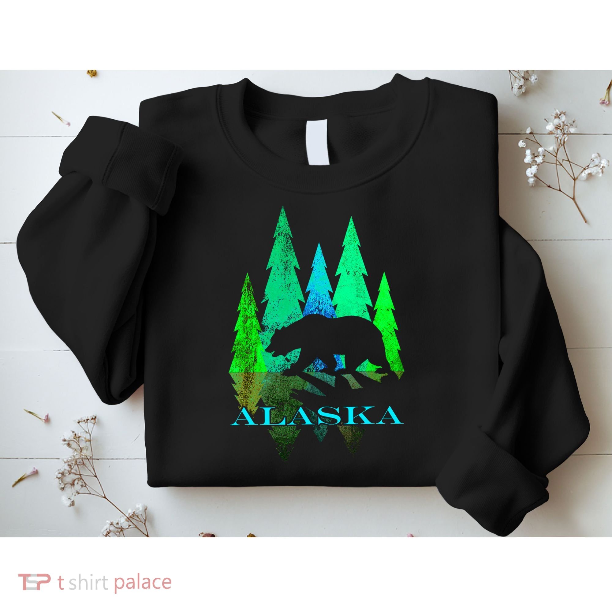 Alaska Alaskan Northern Light Trees With Bear Sweatshirt