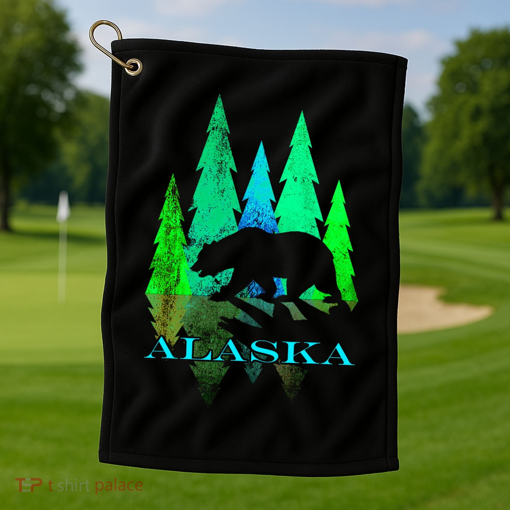 Alaska Alaskan Northern Light Trees With Bear Golf Towel