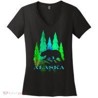 Alaska Alaskan Northern Light Trees With Bear Women's V-Neck T-Shirt thumb 0