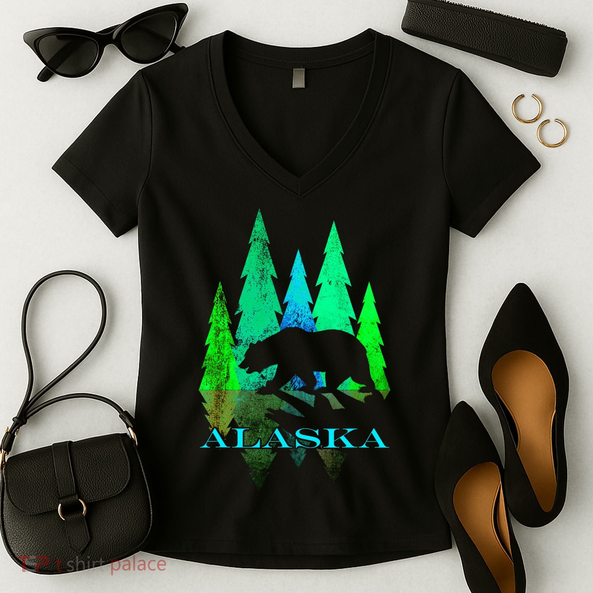 Alaska Alaskan Northern Light Trees With Bear Women's V-Neck T-Shirt