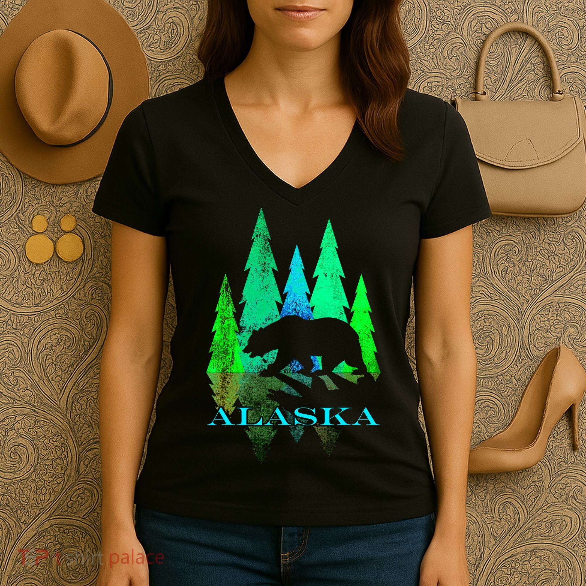 Alaska Alaskan Northern Light Trees With Bear Women's V-Neck T-Shirt