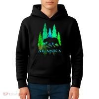 Alaska Alaskan Northern Light Trees With Bear Kids Hoodie thumb 4