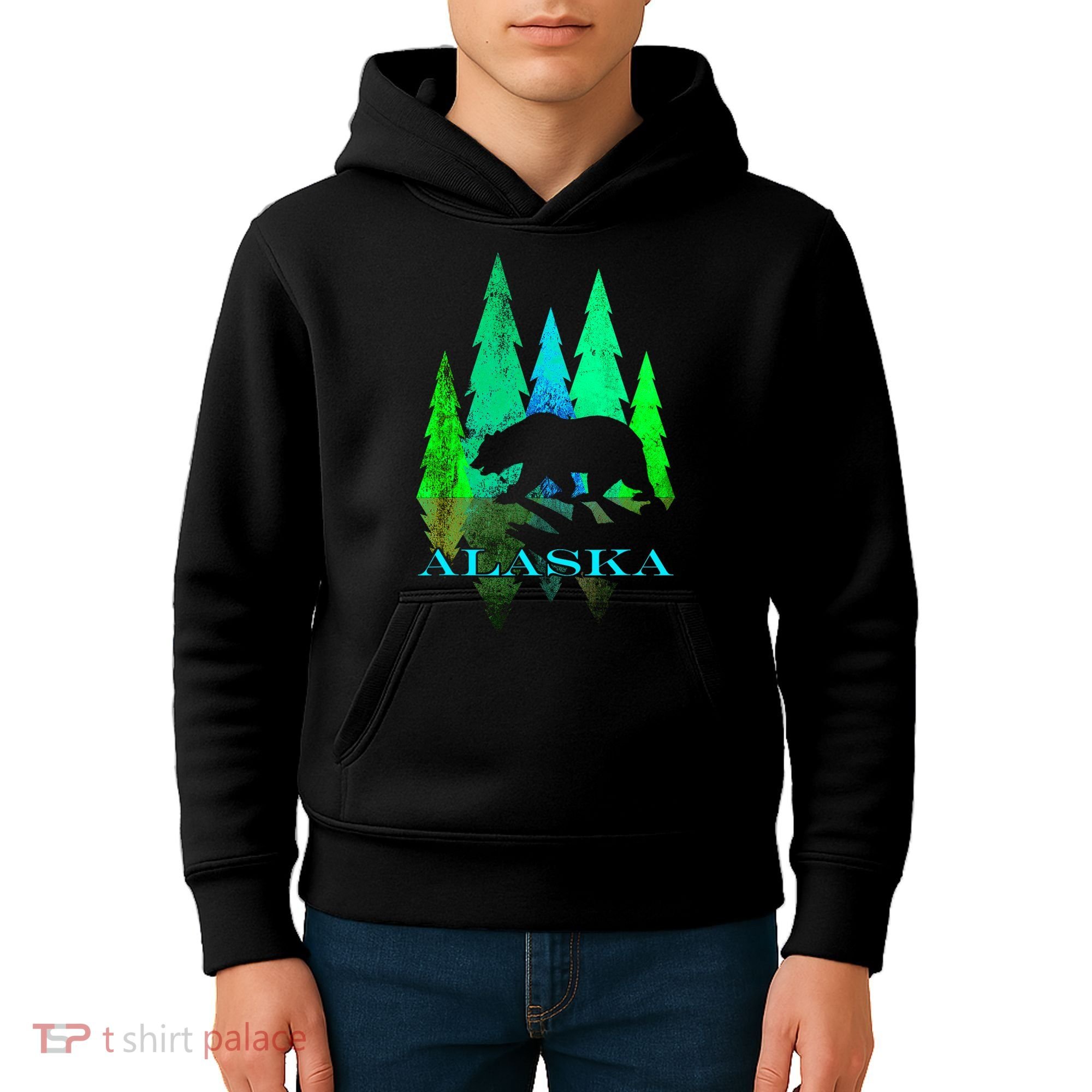 Alaska Alaskan Northern Light Trees With Bear Kids Hoodie