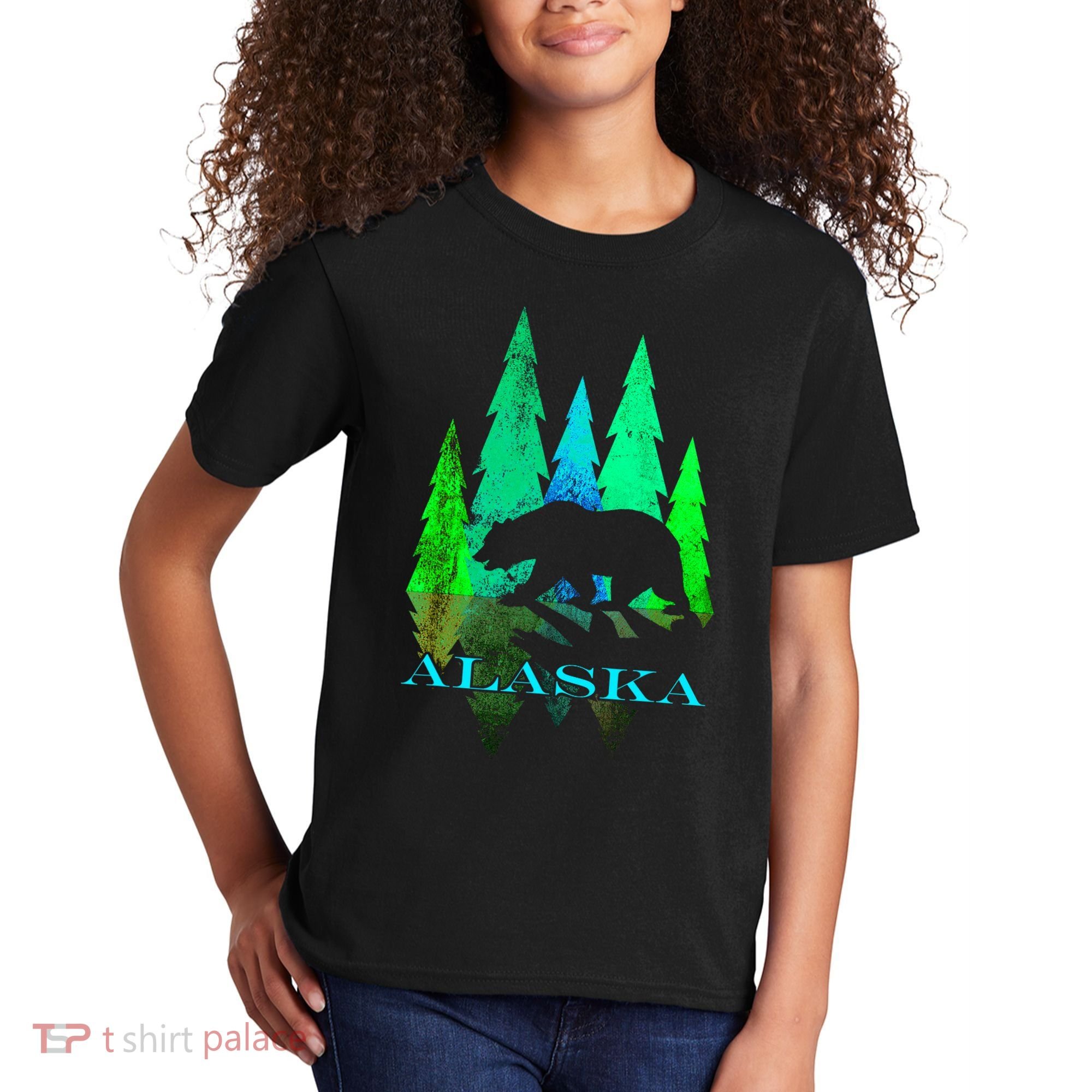 Alaska Alaskan Northern Light Trees With Bear Kids T-Shirt