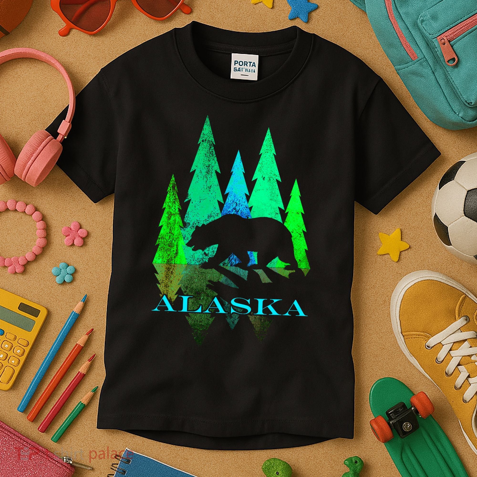 Alaska Alaskan Northern Light Trees With Bear Kids T-Shirt